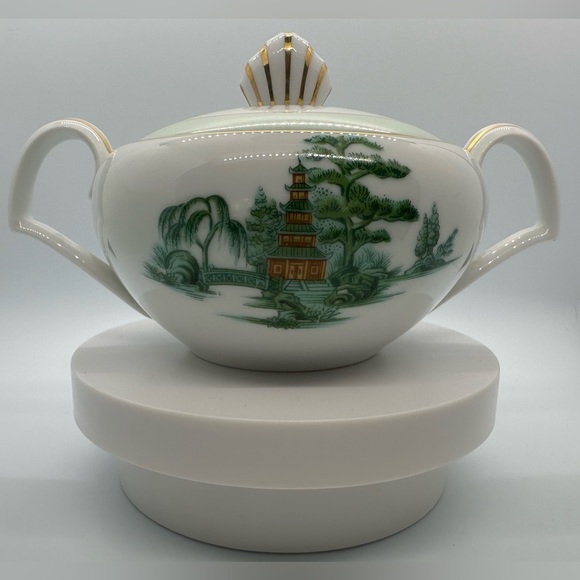 Vintage Narumi Sugar Pot - Fine Chine Green Willow Pagoda - Picture 4 of 10